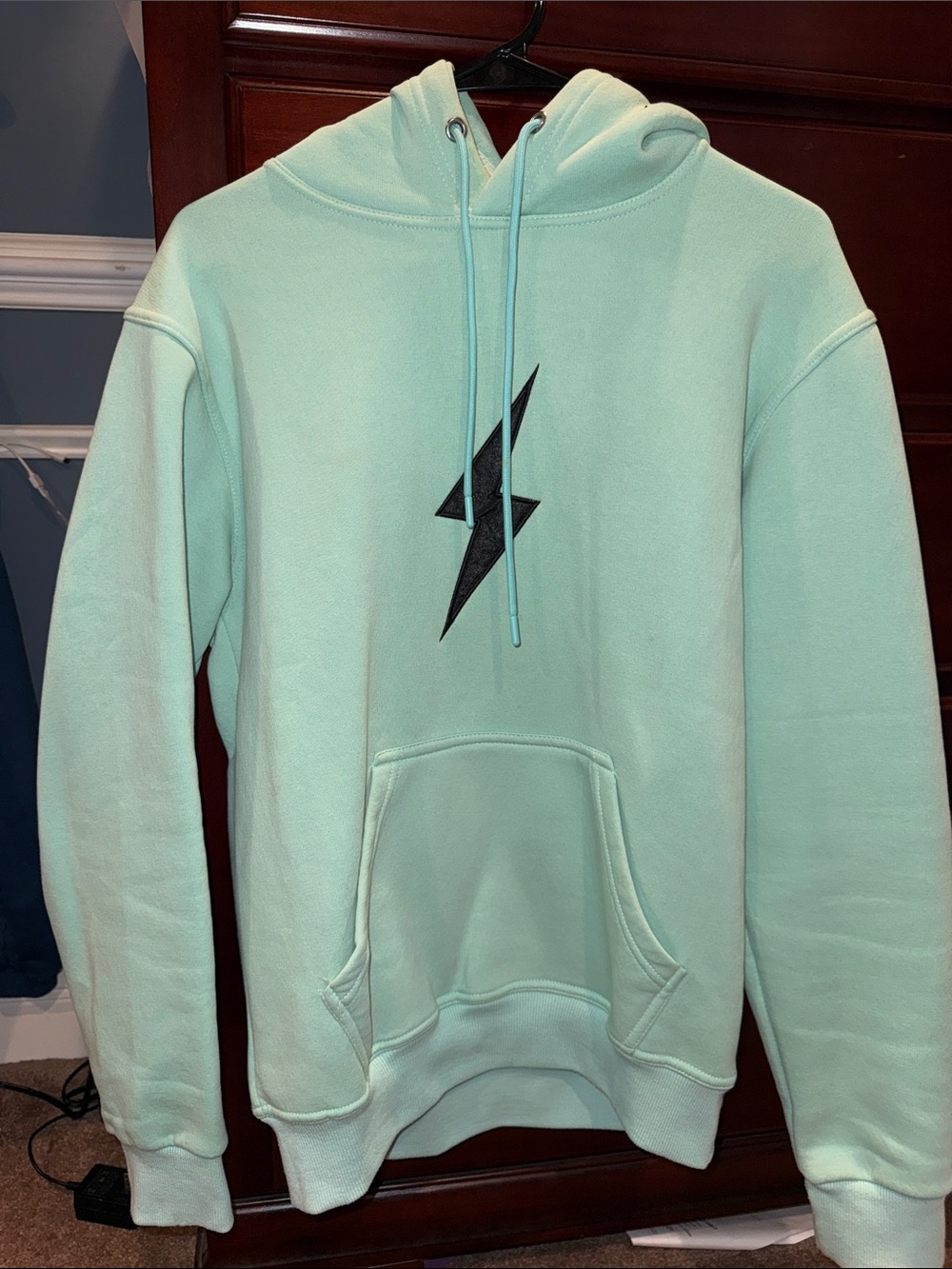 Men's Mint Pullover Hoodie with Black Lightning Bolt